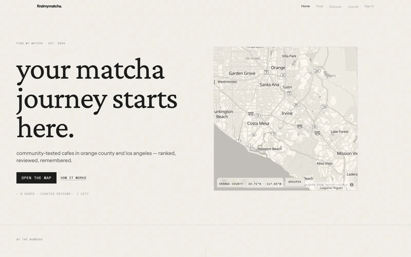 Find My Matcha home page with a map of Orange County cafes